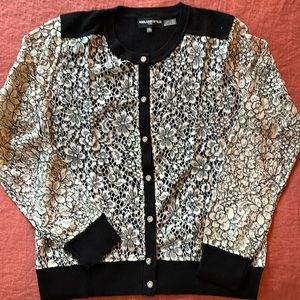 Karl Lagerfeld Cardigan, front and sleeves in white lace, back is solid black
